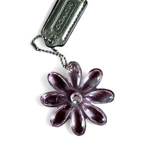 Coach Clear Pink Poppy Flower Bag Charm &  Silver Metallic Leather Coach Hangtag